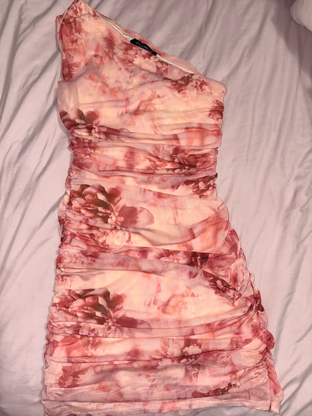 Dynamite One-Shoulder Rose Print Ruched Dress